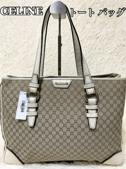 CELINE tote bag Purse Macadam  Canvas Leather Beige Women's Used Authentic