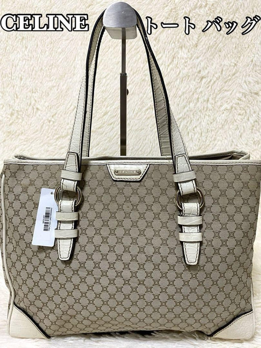 CELINE tote bag Purse Macadam  Canvas Leather Beige Women's Used Authentic