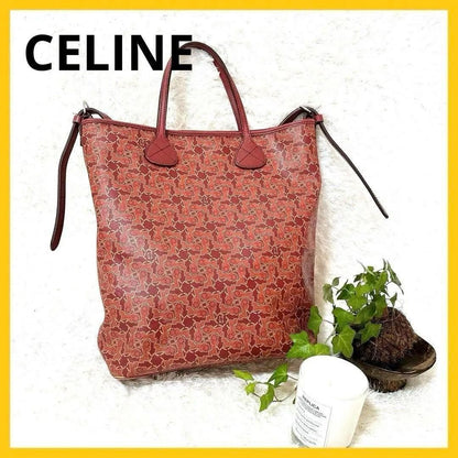 CELINE handbag Tote Purse Horse carriage Leather Red Authentic Used Women's