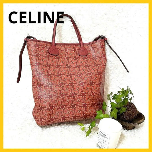 CELINE handbag Tote Purse Horse carriage Leather Red Authentic Used Women's