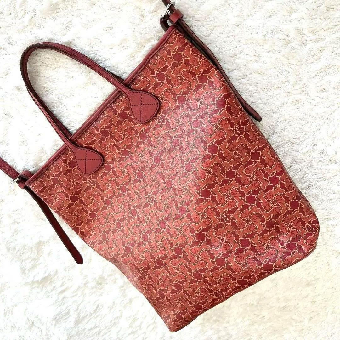 CELINE handbag Tote Purse Horse carriage Leather Red Authentic Used Women's