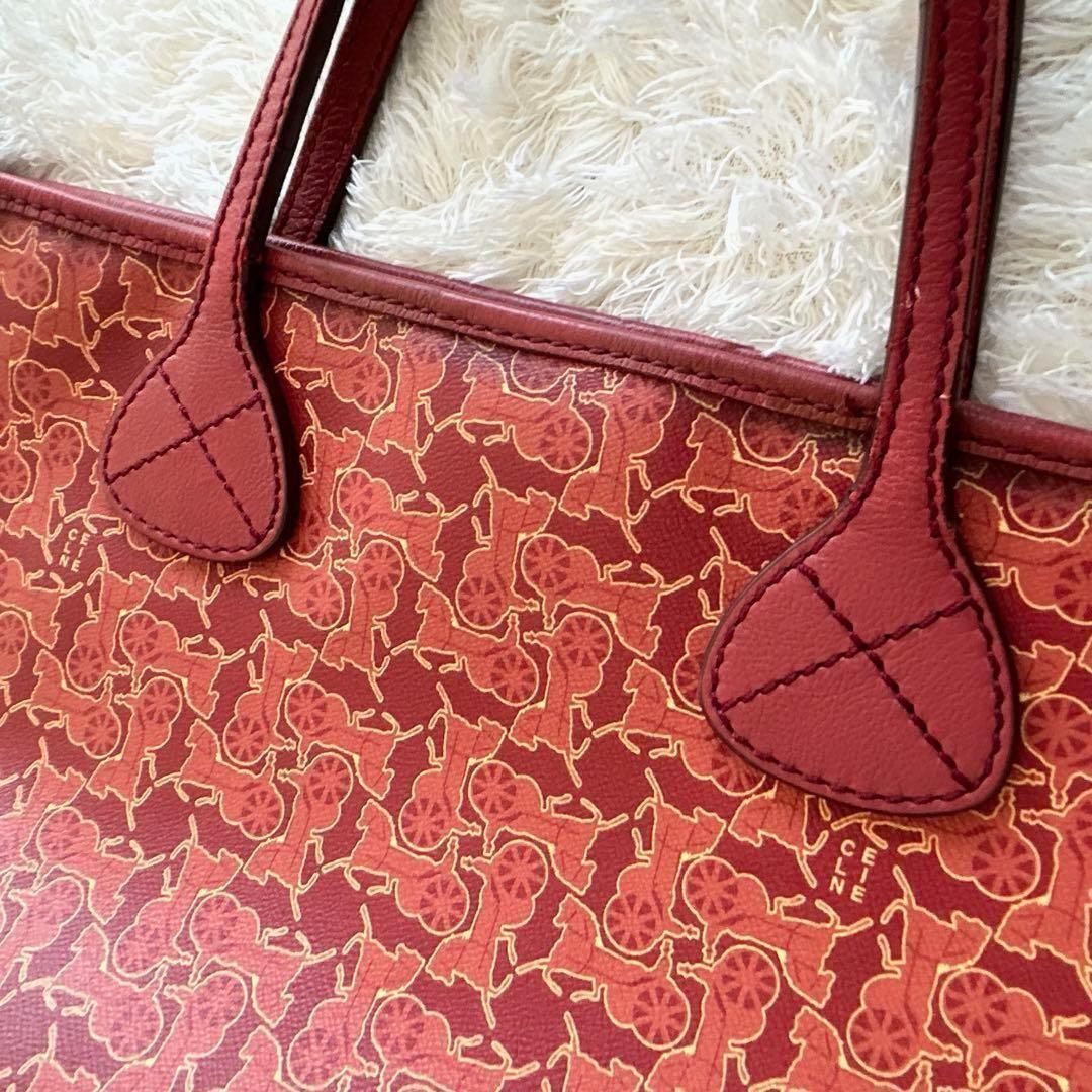 CELINE handbag Tote Purse Horse carriage Leather Red Authentic Used Women's