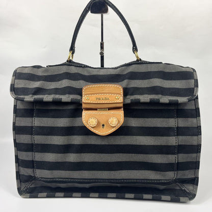 PRADA Hand Shoulder Bag Tote Purse 2way Logo Denim Leather Gray Black Authentic