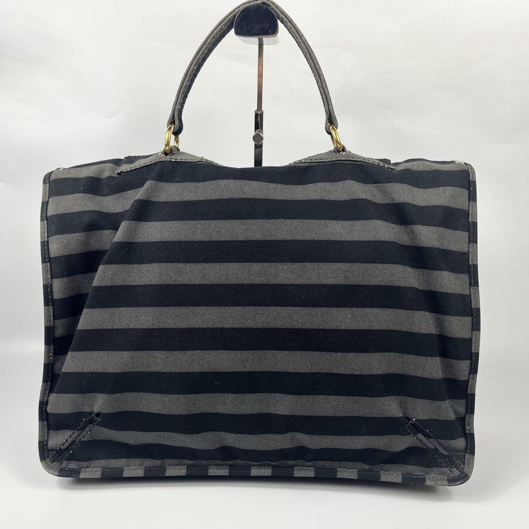 PRADA Hand Shoulder Bag Tote Purse 2way Logo Denim Leather Gray Black Authentic