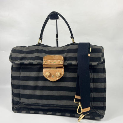 PRADA Hand Shoulder Bag Tote Purse 2way Logo Denim Leather Gray Black Authentic