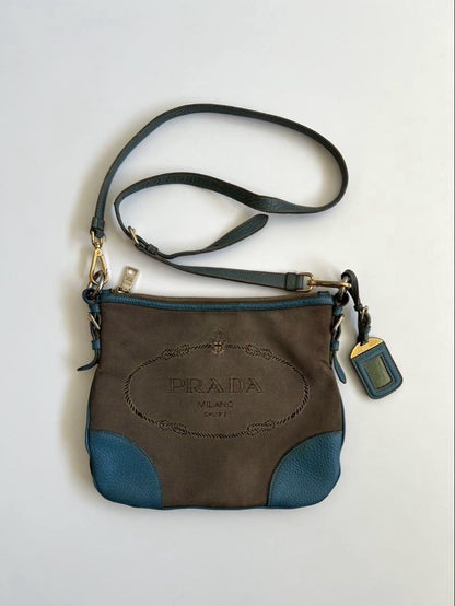 PRADA Shoulder Bag Purse Logo JACQUARD Leather Light Blue Beige Authentic