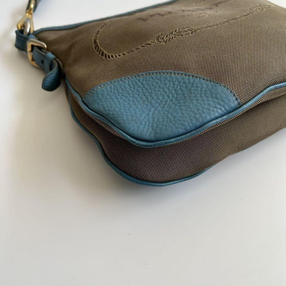 PRADA Shoulder Bag Purse Logo JACQUARD Leather Light Blue Beige Authentic