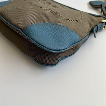 PRADA Shoulder Bag Purse Logo JACQUARD Leather Light Blue Beige Authentic