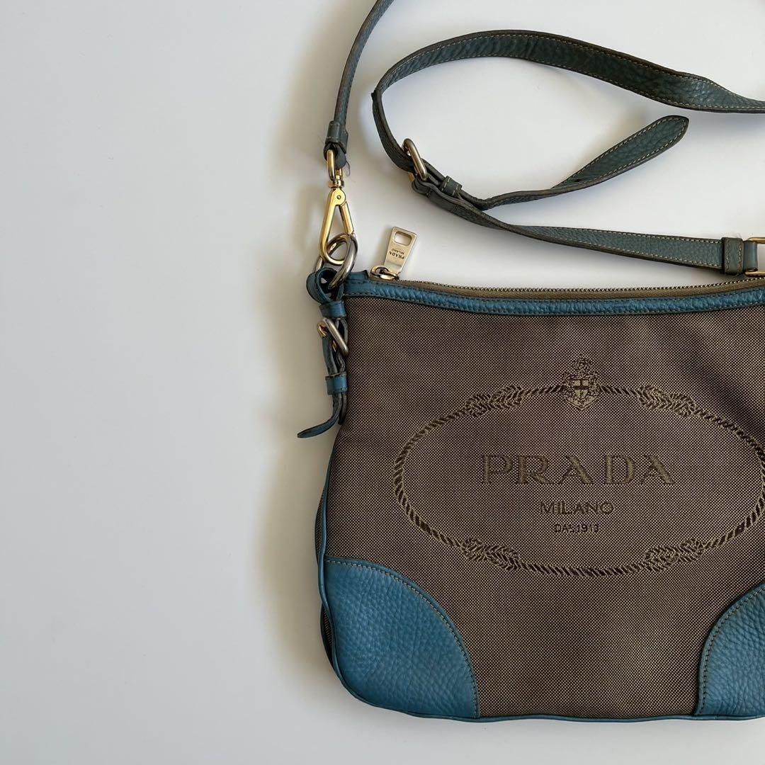 PRADA Shoulder Bag Purse Logo JACQUARD Leather Light Blue Beige Authentic