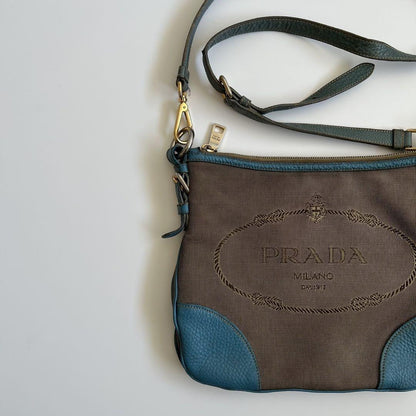 PRADA Shoulder Bag Purse Logo JACQUARD Leather Light Blue Beige Authentic