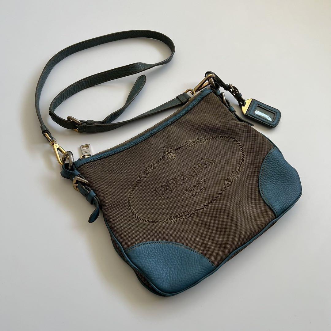 PRADA Shoulder Bag Purse Logo JACQUARD Leather Light Blue Beige Authentic