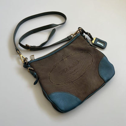 PRADA Shoulder Bag Purse Logo JACQUARD Leather Light Blue Beige Authentic