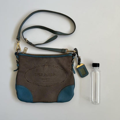 PRADA Shoulder Bag Purse Logo JACQUARD Leather Light Blue Beige Authentic