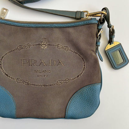 PRADA Shoulder Bag Purse Logo JACQUARD Leather Light Blue Beige Authentic