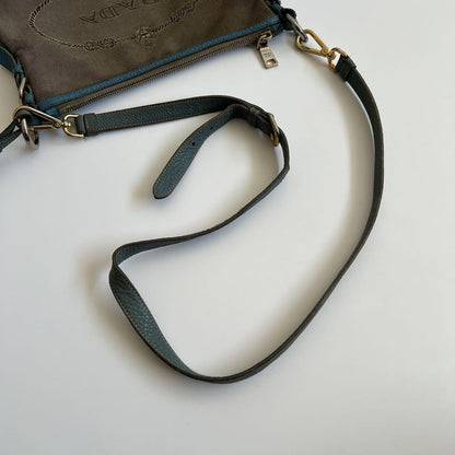 PRADA Shoulder Bag Purse Logo JACQUARD Leather Light Blue Beige Authentic