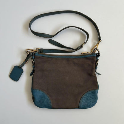 PRADA Shoulder Bag Purse Logo JACQUARD Leather Light Blue Beige Authentic