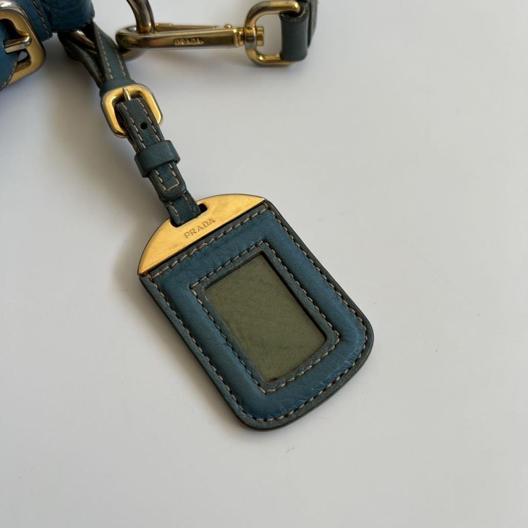 PRADA Shoulder Bag Purse Logo JACQUARD Leather Light Blue Beige Authentic