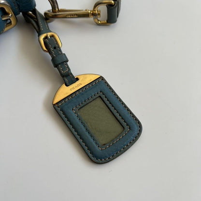 PRADA Shoulder Bag Purse Logo JACQUARD Leather Light Blue Beige Authentic