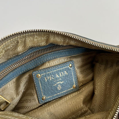 PRADA Shoulder Bag Purse Logo JACQUARD Leather Light Blue Beige Authentic
