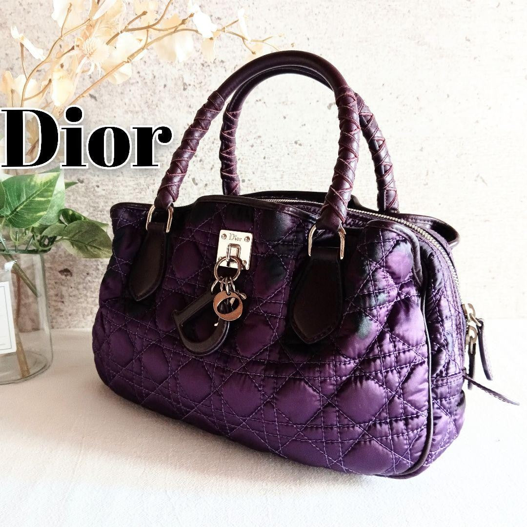 Christian Dior Hand Bag Tote Purse Cannage Nylon Purple Authentic