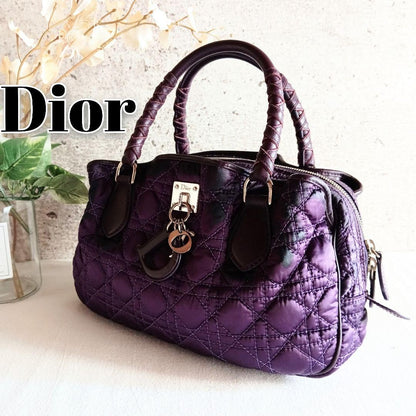 Christian Dior Hand Bag Tote Purse Cannage Nylon Purple Authentic