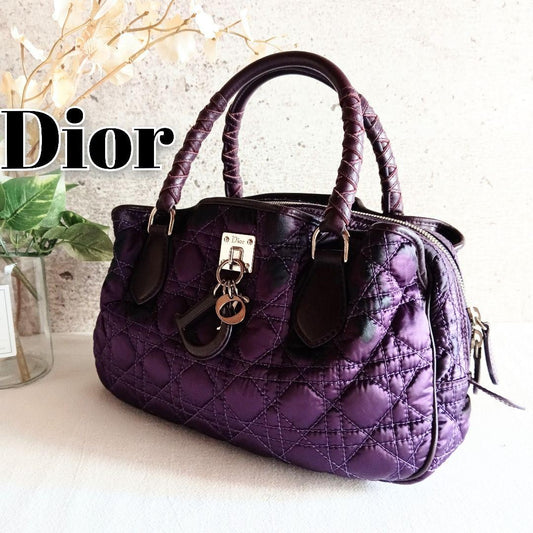 Christian Dior Hand Bag Tote Purse Cannage Nylon Purple Authentic