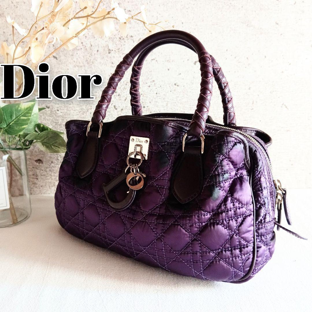 Christian Dior Hand Bag Tote Purse Cannage Nylon Purple Authentic