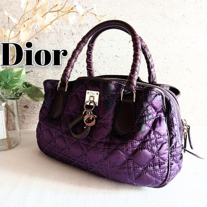 Christian Dior Hand Bag Tote Purse Cannage Nylon Purple Authentic