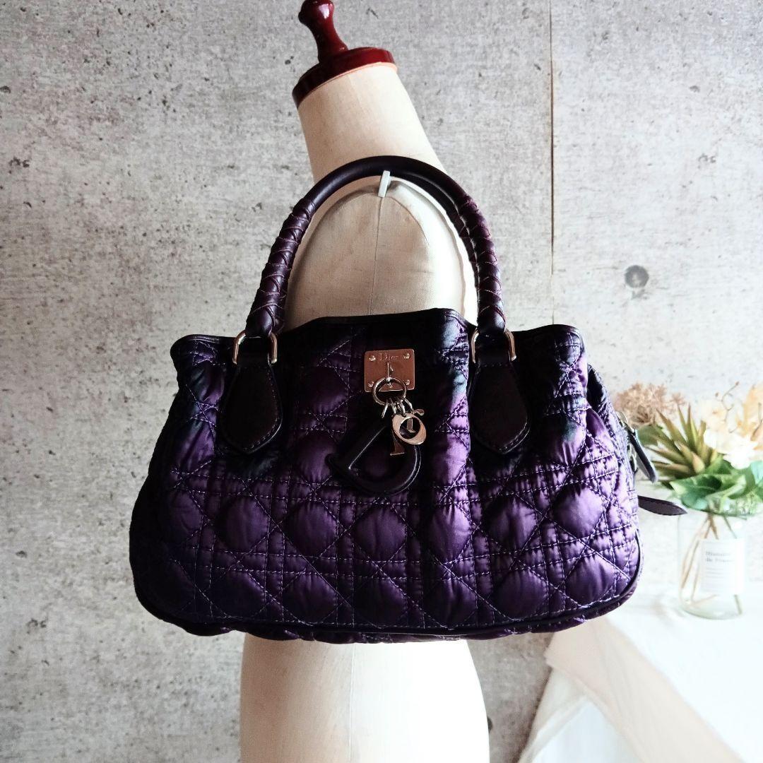 Christian Dior Hand Bag Tote Purse Cannage Nylon Purple Authentic