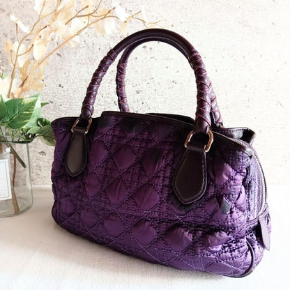 Christian Dior Hand Bag Tote Purse Cannage Nylon Purple Authentic