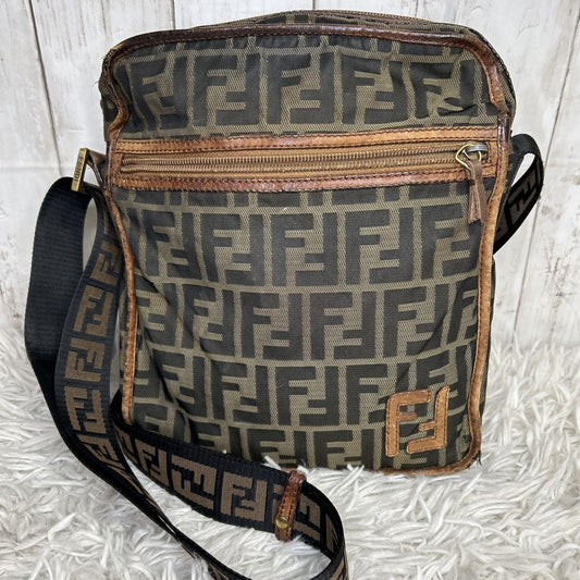 FENDI Shoulder Bag Purse FF Zucca Nylon Canvas Brown Authentic