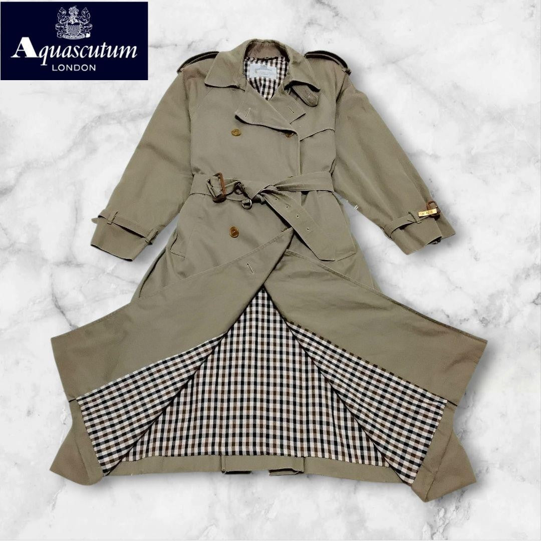 Aquascutum Trench Coat Club Check Asian fit XL US size L Khaki Authentic