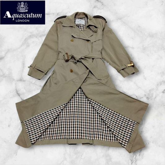 Aquascutum Trench Coat Club Check Asian fit XL US size L Khaki Authentic