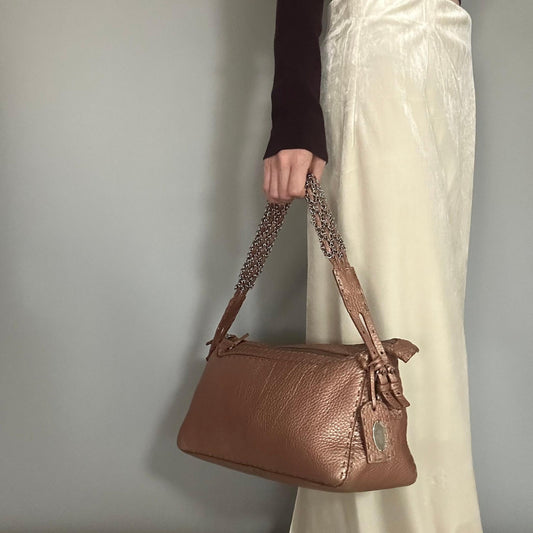 FENDI Bag Selleria Chain Shoulder Purse Leather Brown Silver Used Authentic