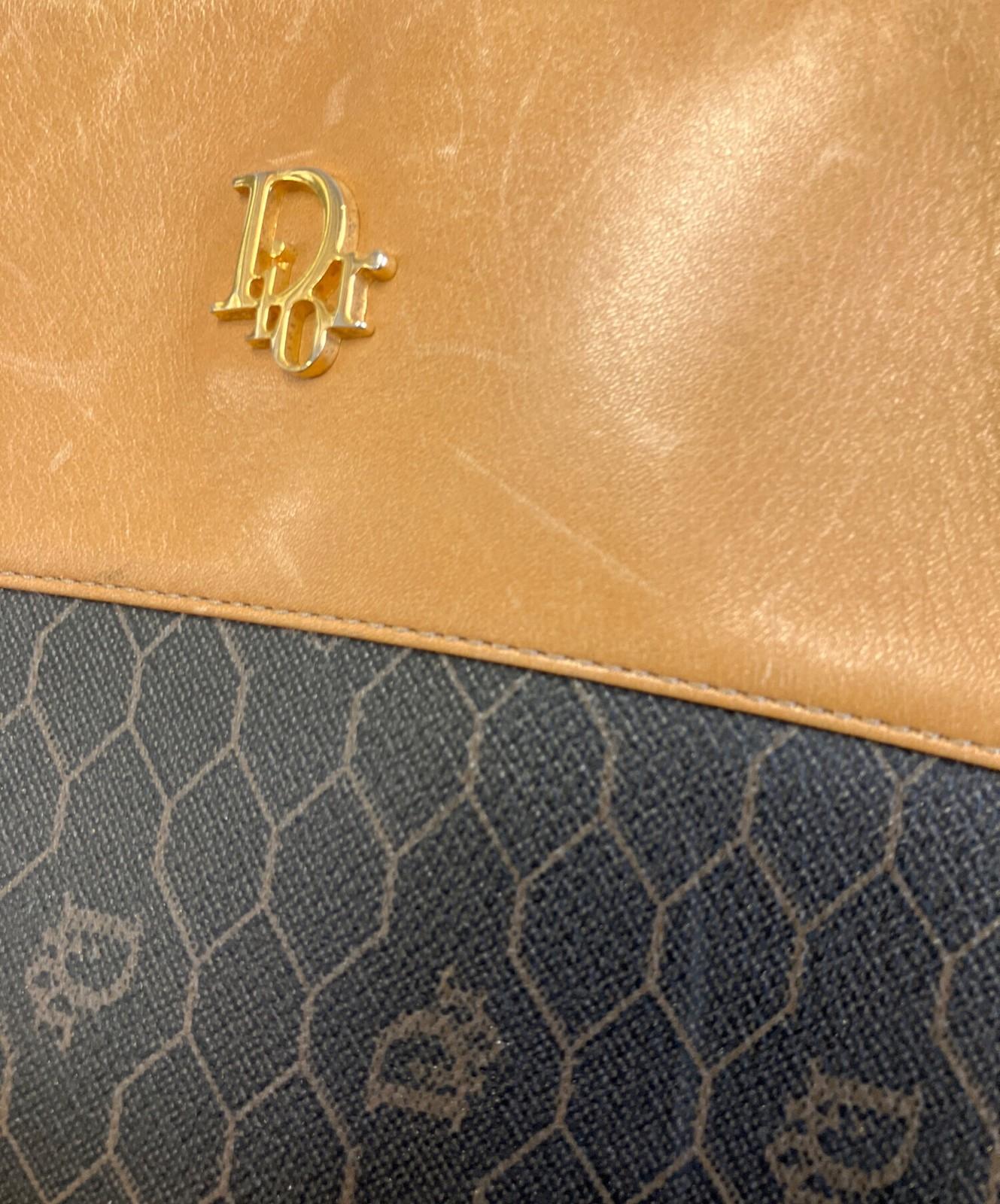 Christian Dior Hand Bag Tote Purse Honeycomb Black Brown Authentic