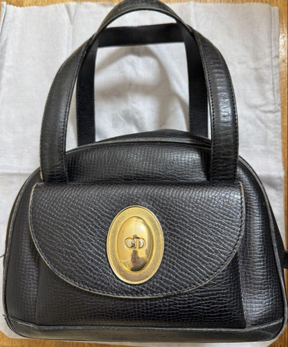 Christian Dior Hand Bag Tote Purse CD Leather Black Authentic