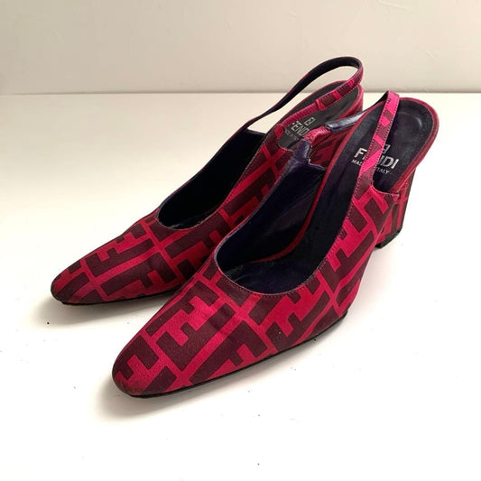 FENDI Shoes Pumps Heel FF Zucca EU 36 US 6 Cotton Canvas Red Pink Authentic