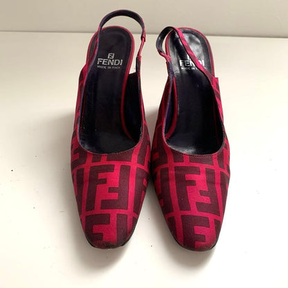 FENDI Shoes Pumps Heel FF Zucca EU 36 US 6 Cotton Canvas Red Pink Authentic