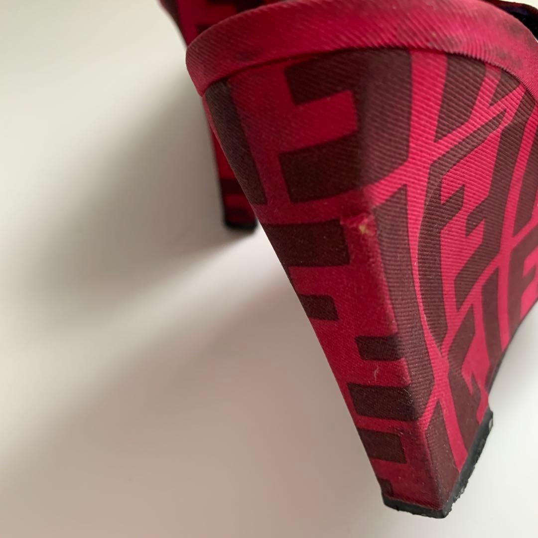 FENDI Shoes Pumps Heel FF Zucca EU 36 US 6 Cotton Canvas Red Pink Authentic