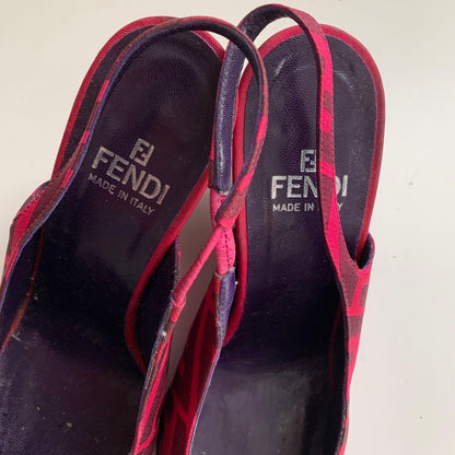 FENDI Shoes Pumps Heel FF Zucca EU 36 US 6 Cotton Canvas Red Pink Authentic