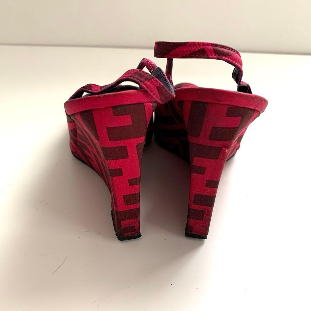FENDI Shoes Pumps Heel FF Zucca EU 36 US 6 Cotton Canvas Red Pink Authentic