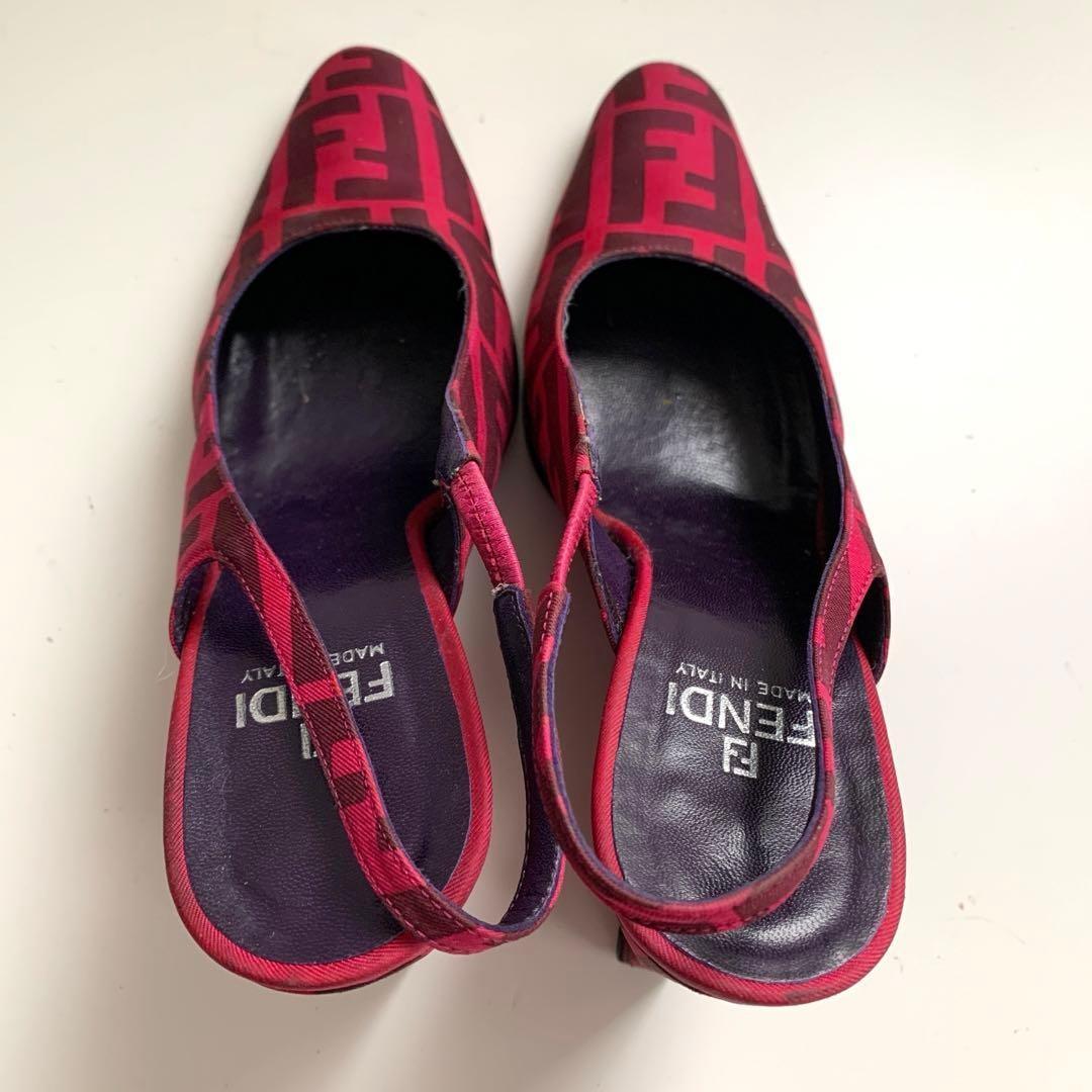 FENDI Shoes Pumps Heel FF Zucca EU 36 US 6 Cotton Canvas Red Pink Authentic
