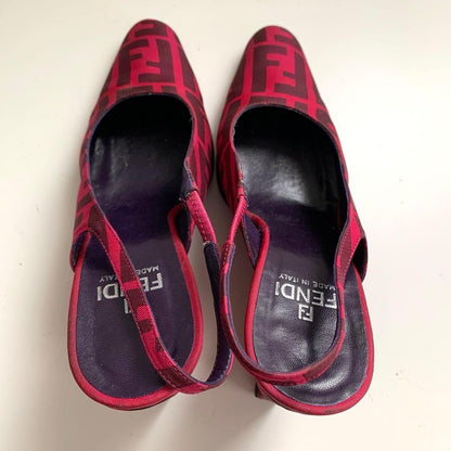 FENDI Shoes Pumps Heel FF Zucca EU 36 US 6 Cotton Canvas Red Pink Authentic