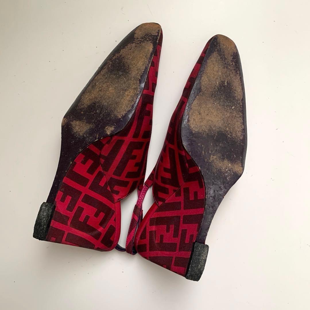 FENDI Shoes Pumps Heel FF Zucca EU 36 US 6 Cotton Canvas Red Pink Authentic