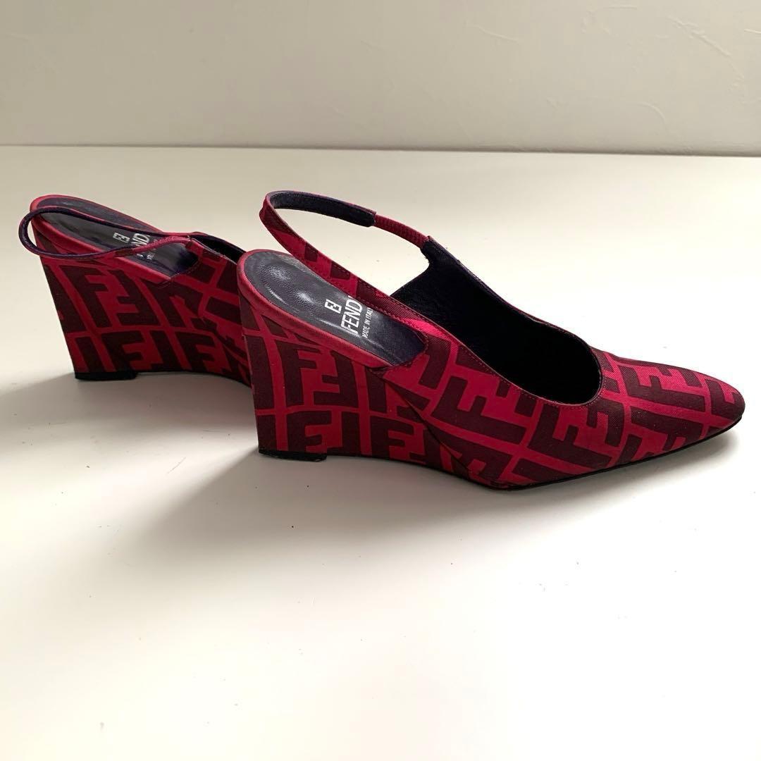 FENDI Shoes Pumps Heel FF Zucca EU 36 US 6 Cotton Canvas Red Pink Authentic