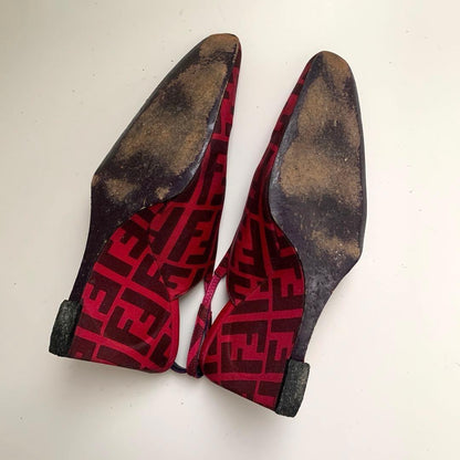 FENDI Shoes Pumps Heel FF Zucca EU 36 US 6 Cotton Canvas Red Pink Authentic