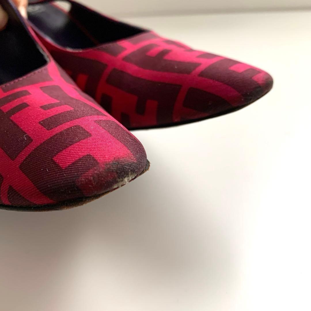 FENDI Shoes Pumps Heel FF Zucca EU 36 US 6 Cotton Canvas Red Pink Authentic