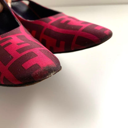 FENDI Shoes Pumps Heel FF Zucca EU 36 US 6 Cotton Canvas Red Pink Authentic