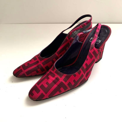 FENDI Shoes Pumps Heel FF Zucca EU 36 US 6 Cotton Canvas Red Pink Authentic