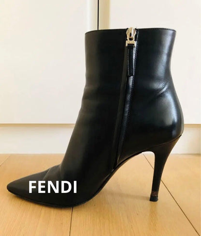 FENDI Short Boots Shoes EU 38 US 8 Leather Black Authentic